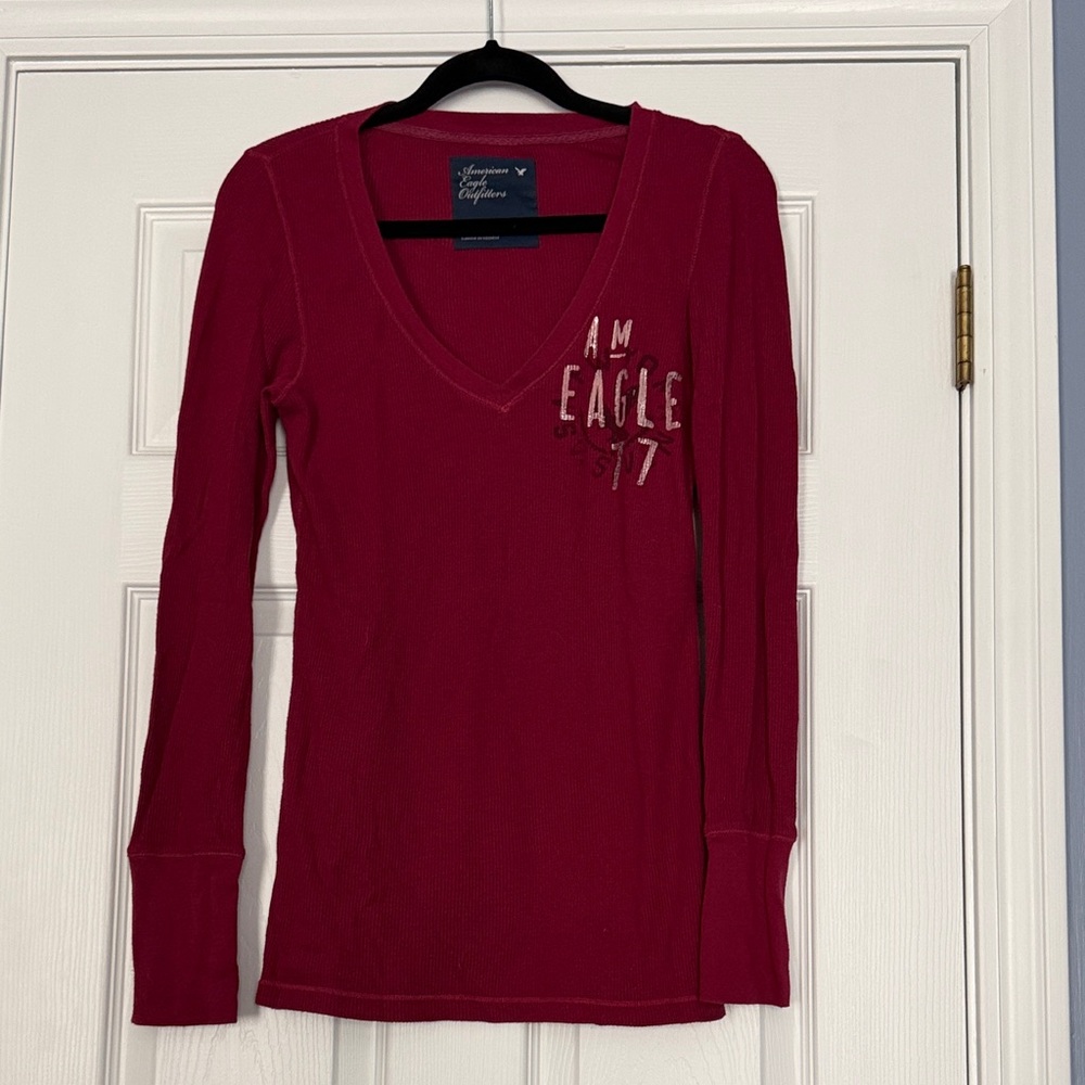 American Eagle Outfitters Women's Long Sleeve V-Neck Top - Burgundy